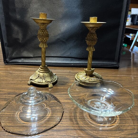 Pair Of Vintage MCM Gold Tone Resin Glass Pineapple Candle Holders/ Compote - Picture 4 of 10